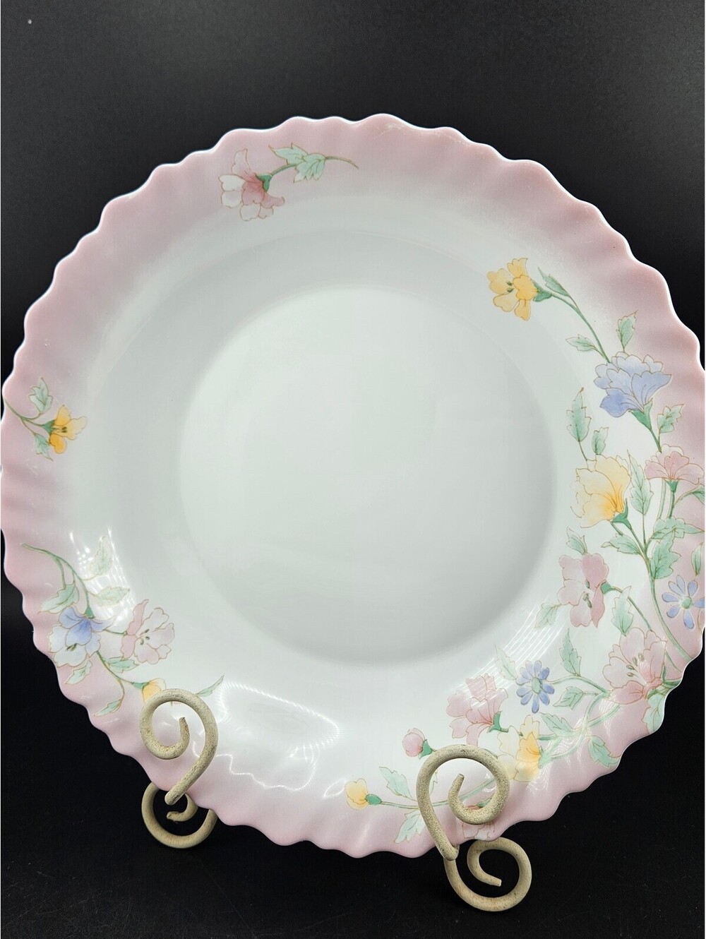 Vtg Arcopal France Elise Large Round Low Serving Bowl Pink Ombre Rim Floral 11"